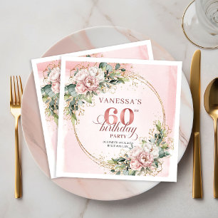 Serviette En Papier Élégant Anniversaire 60 Ans Fleurs Rose Poudré Boh