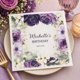 Serviette En Papier Élégant Anniversaire Nom Paillettes Floral Blanc V