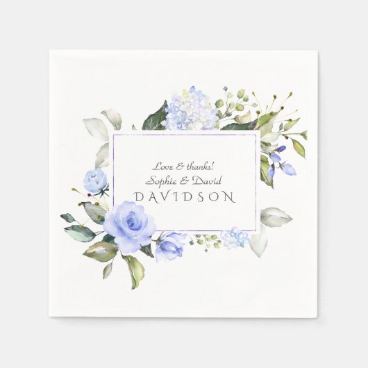 Serviette En Papier Elégant Aquarelle bleu Fleurs Mariage de cadre (Devant)