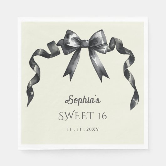 Serviette En Papier Elégant Aquarelle Coquette Black Bow Sweet 16 (Devant)