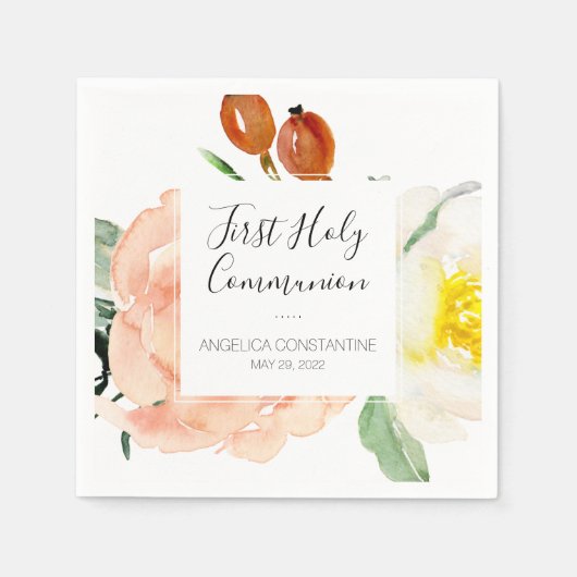 Serviette En Papier Elégant Aquarelle Fleurs Filles Communion (Devant)