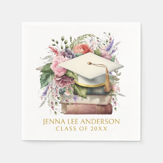 Serviette En Papier Elégant aquarelle Floral Blanc Casquette Graduatio (Devant)