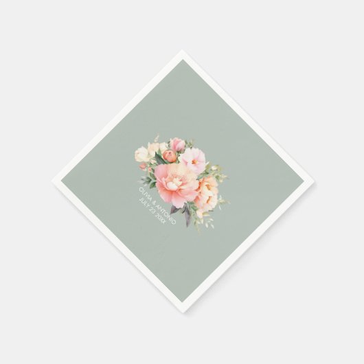 Serviette En Papier Elégant Aquarelle moderne Peony Sage Mariage vert (Coin)