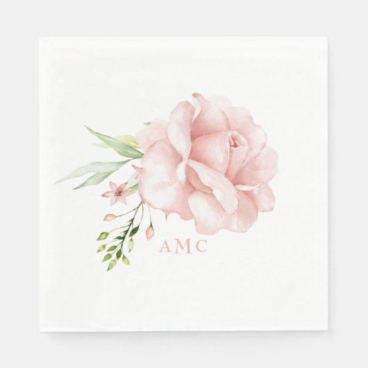 Serviette En Papier Élégant aquarelle Monogramme rose floral déjeuner (Devant)