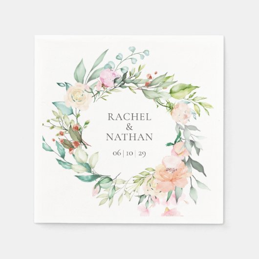 Serviette En Papier Elégant Aquarelle Verdure Floral Mariage (Devant)