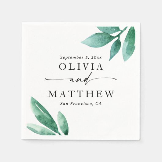 Serviette En Papier Elégant aquarelle vert jardin script mariage (Devant)
