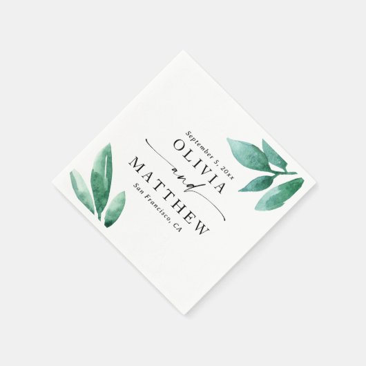 Serviette En Papier Elégant aquarelle vert jardin script mariage (Coin)