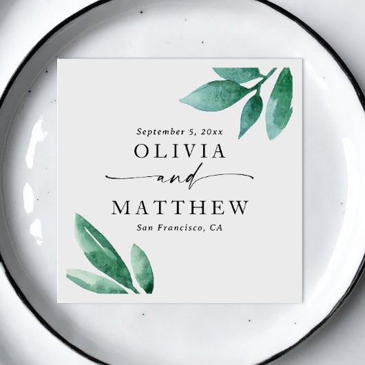 Serviette En Papier Elégant aquarelle vert jardin script mariage