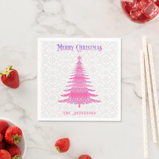 Serviette En Papier Élégant arbre de Noël rose Nom personnalisé (En situation)