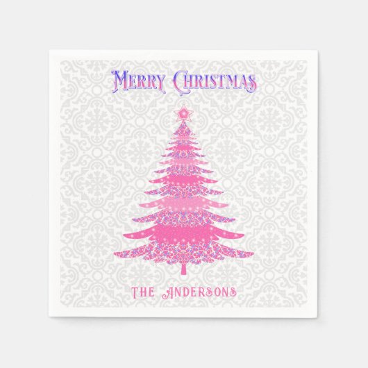 Serviette En Papier Élégant arbre de Noël rose Nom personnalisé (Devant)