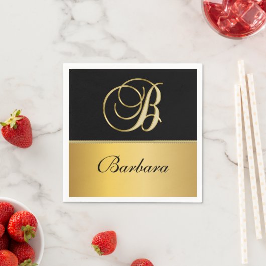 Serviette En Papier Élégant "B" Monogramme Nom personnalisé Black Gold (En situation)