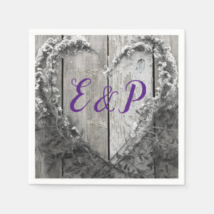 Serviette En Papier Élégant B&W fleurie coeur rustique grange mariage