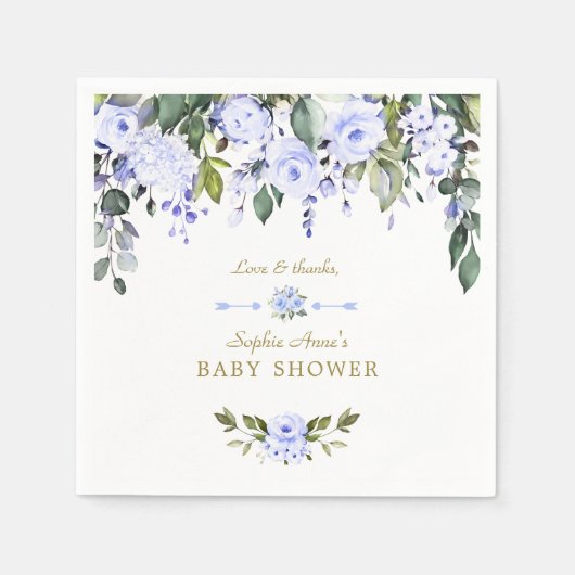 Serviette En Papier Elégant Baby shower Aquarelle Bleu Fleurs (Devant)