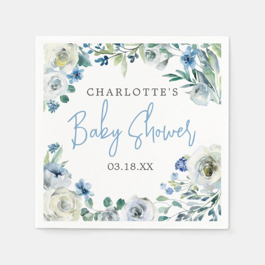 Serviette En Papier Elégant Baby shower Bleu Blanc Floral Spring Boy (Devant)