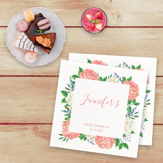 Serviette En Papier Élégant Baby shower Botanique Blanc Rose Hydrangea