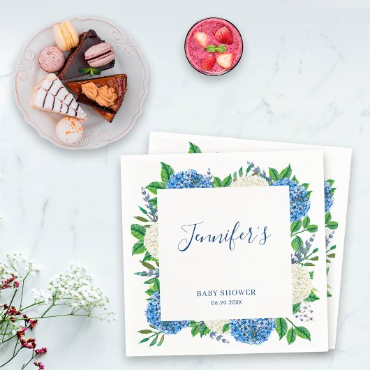 Serviette En Papier Élégant Baby shower Botanique Bleu Hydrangée