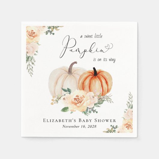 Serviette En Papier Elégant Baby shower Citrouille Floral Aquarelle (Devant)