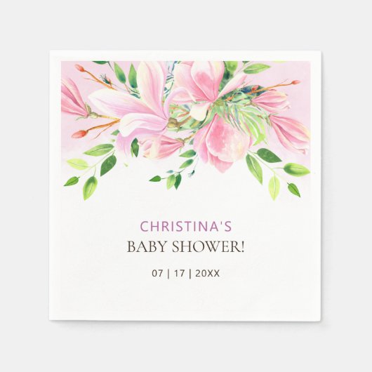 Serviette En Papier Elégant Baby shower d'aquarelle rose Magnolia (Devant)