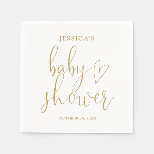 Serviette En Papier Élégant Baby shower de script Gold Heart (Devant)
