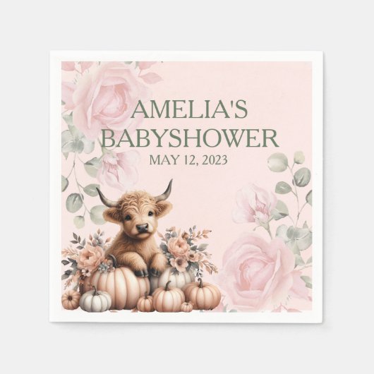 Serviette En Papier Élégant baby shower de vache à fleurs roses (Devant)