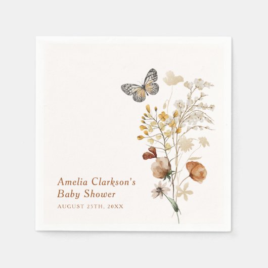 Serviette En Papier Élégant Baby shower Fleur sauvage papillon (Devant)