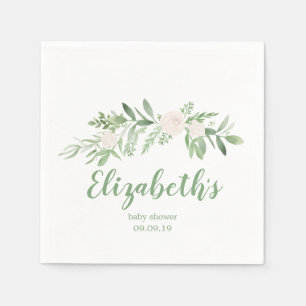 Serviette En Papier Elégant Baby shower Floral Blanc & Vert