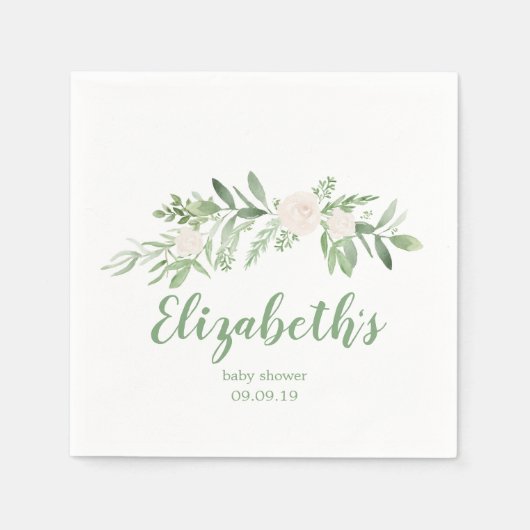 Serviette En Papier Elégant Baby shower Floral Blanc & Vert (Devant)
