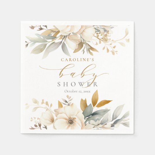 Serviette En Papier Élégant Baby shower floral neutre pour bébé (Devant)