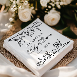 Serviette En Papier Élégant Baby shower floral noir esquissé