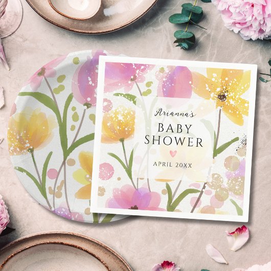 Serviette En Papier Élégant Baby shower floral rose fille