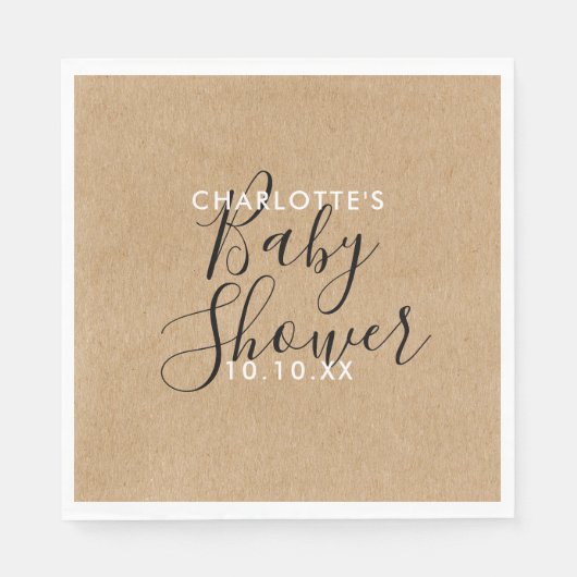 Serviette En Papier Élégant Baby shower neutre Script rustique (Devant)