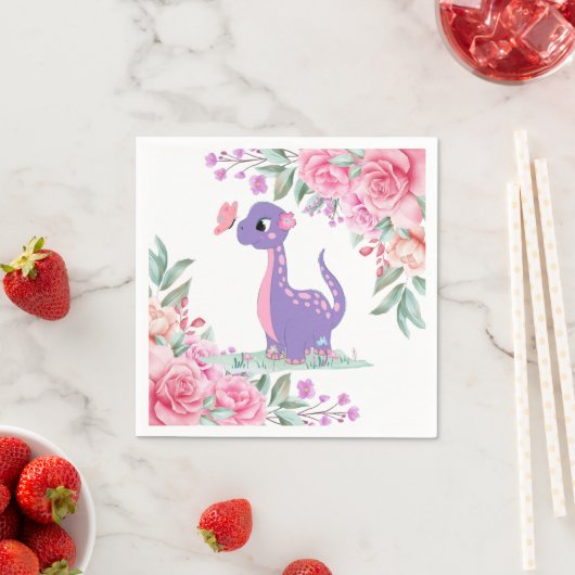 Serviette En Papier Élégant Baby shower Papillon Dinosaure Rose Violet (En situation)