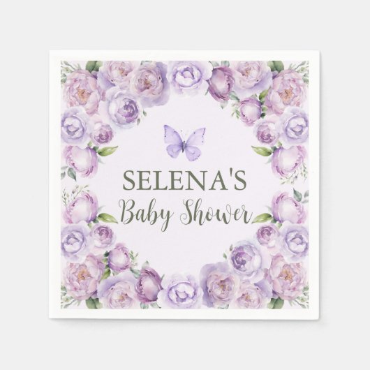 Serviette En Papier Élégant Baby shower papillon floral violet (Devant)