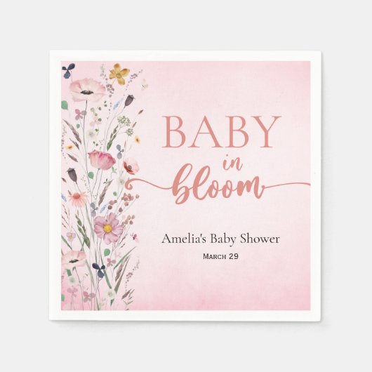 Serviette En Papier Élégant Baby shower rose Fleur sauvage (Devant)