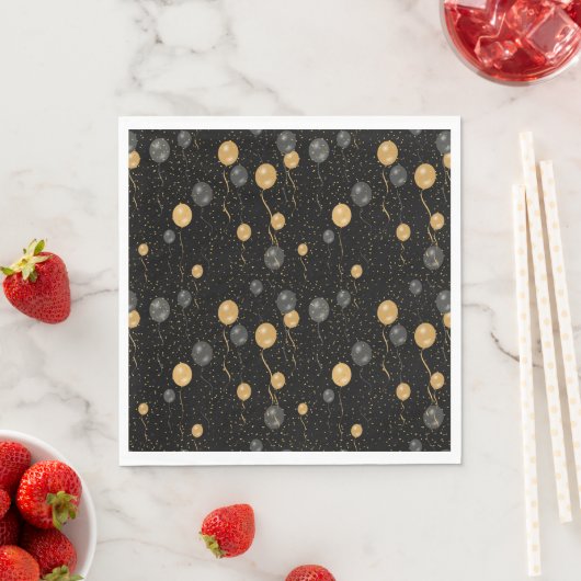 Serviette En Papier Élégant Ballons Noir & Or (En situation)