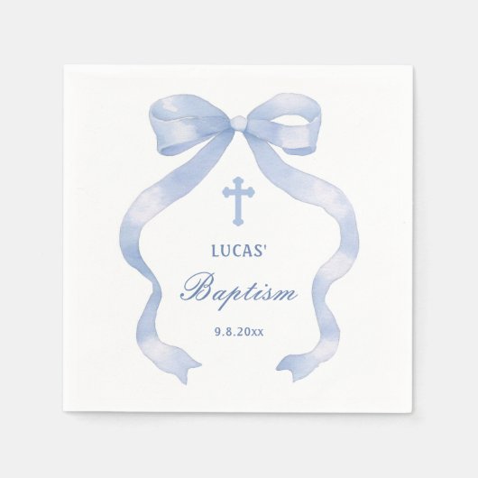 Serviette En Papier Élégant Baptême Bleu Bow (Devant)