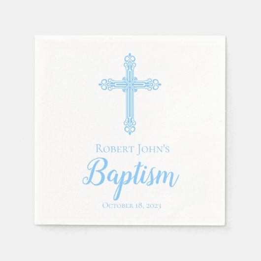 Serviette En Papier Élégant Baptême Croix Bleue Personnalisé Napkin (Devant)