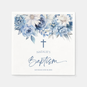Serviette En Papier Élégant Baptême Floral Bleu Dusty