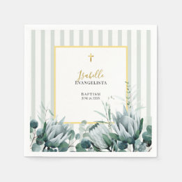 Serviette En Papier Elégant baptême floral vert sauge et or