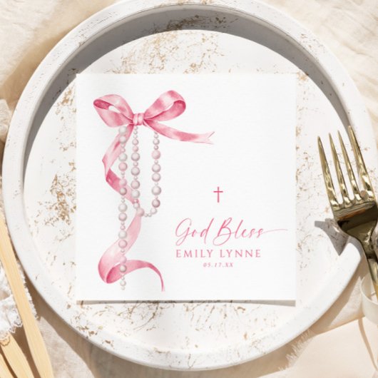 Serviette En Papier Élégant Baptême rose et Rosaire