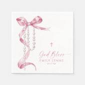 Serviette En Papier Élégant Baptême rose et Rosaire (Devant)