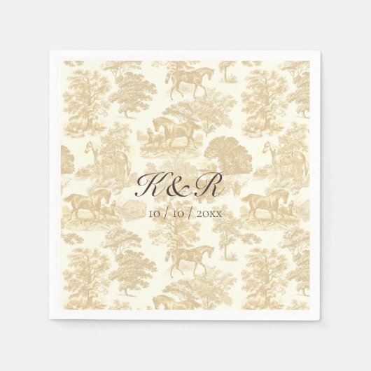 Serviette En Papier Élégant Beige Cheval Toile Nom Initiales (Devant)