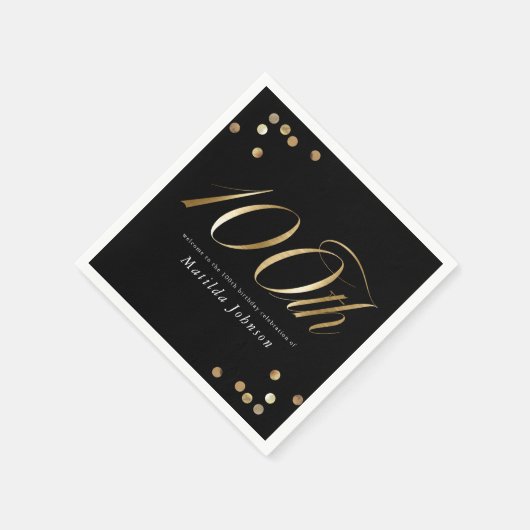 Serviette En Papier Elegant Black and Gold 100th Birthday Party (Coin)