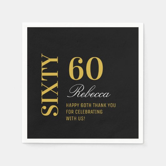 Serviette En Papier Elégant Black Gold 60 Anniversaire Cocktail (Devant)