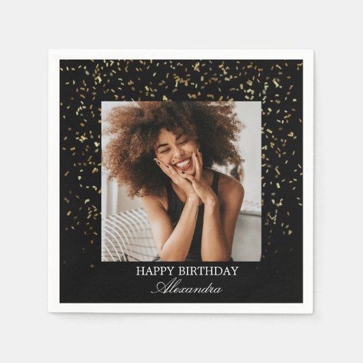 Serviette En Papier Elegant Black & Gold Confetti Birthday Photo (Devant)
