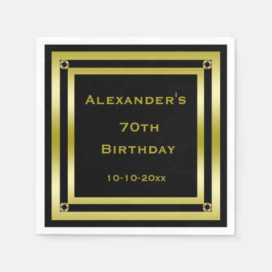 Serviette En Papier Elégant Black & Gold encadré homme's 70e anniversa (Devant)