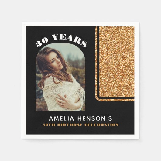 Serviette En Papier Elegant Black Gold Glitter Photo 30th Birthday  (Devant)