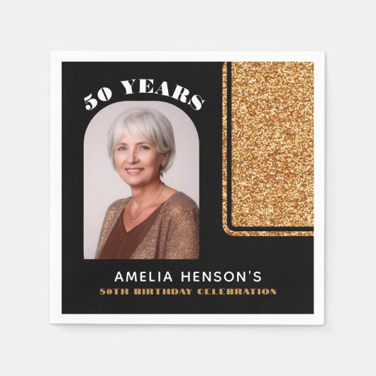 Serviette En Papier Elegant Black Gold Glitter Photo 50th Birthday (Devant)