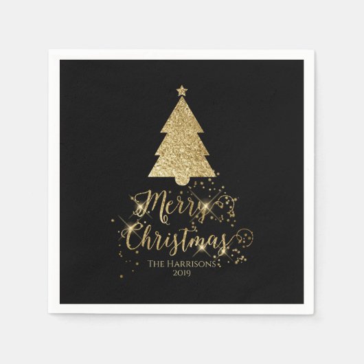 Serviette En Papier Élégant Black Gold Joyeux Noël étincelant (Devant)
