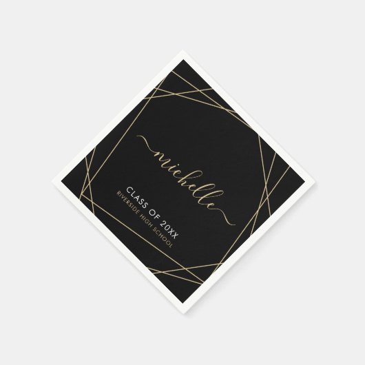 Serviette En Papier Élégant Black Gold Nom Script Graduation Napkins (Coin)